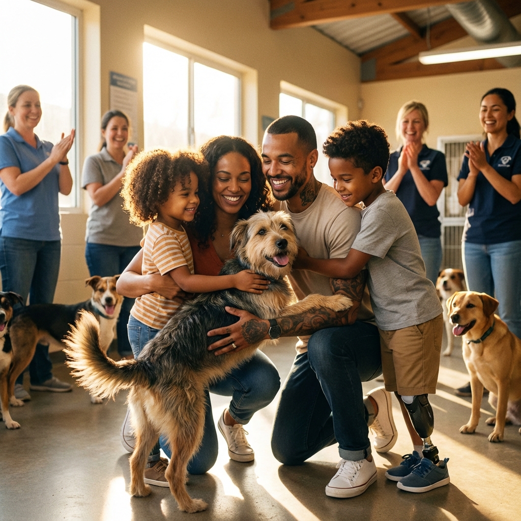 A happy dog with its new owner after a successful adoption