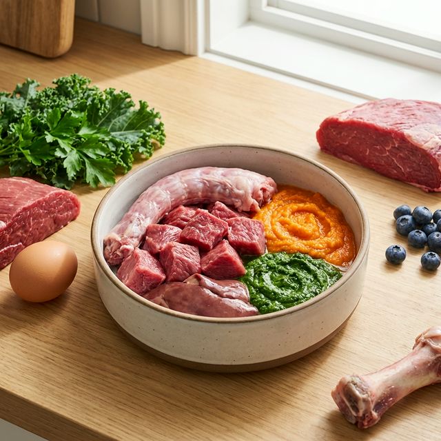 A BARF meal prep bowl with raw meat, vegetables and chicken bones for a dog