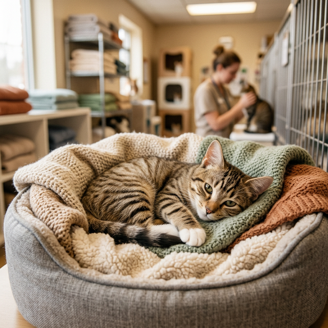A cat in a shelter waiting for adoption with a gentle gaze