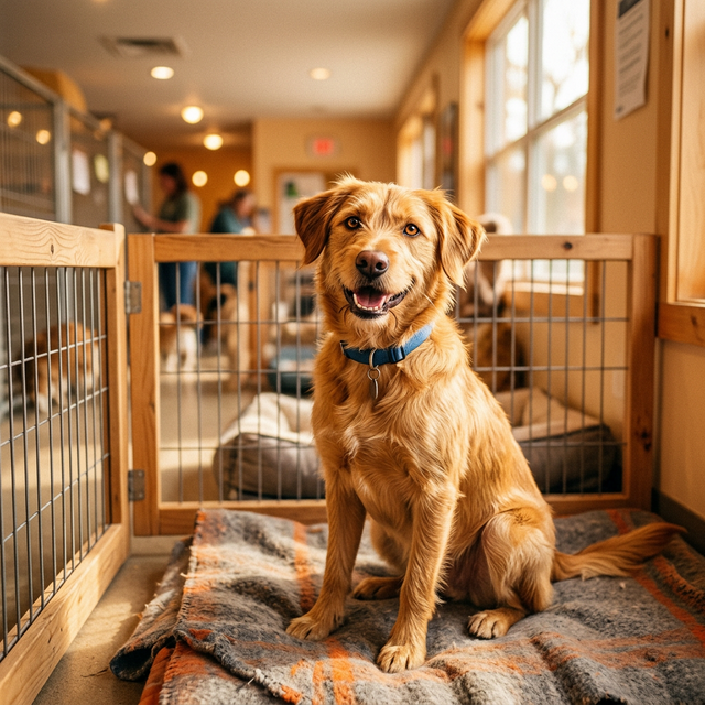 A happy dog in a shelter waiting for its free adoption