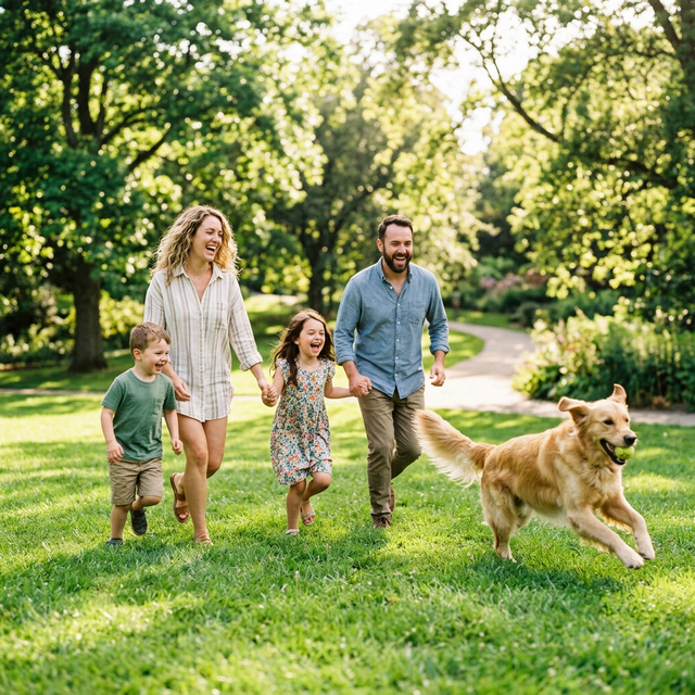 Happy family playing with their adopted dog in a park