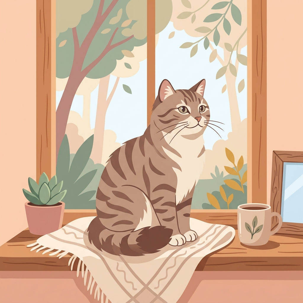 A calm adult tabby cat sitting on a window sill, looking peacefully outside