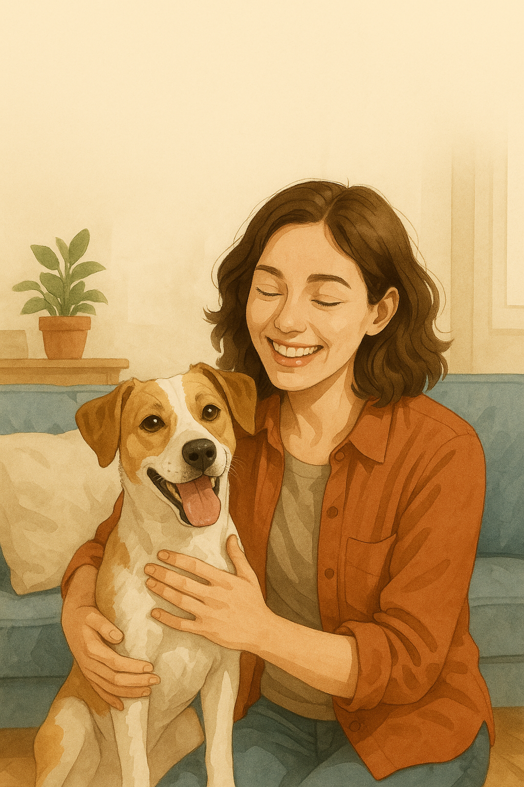 A person smiling while welcoming a happy dog into their new home.