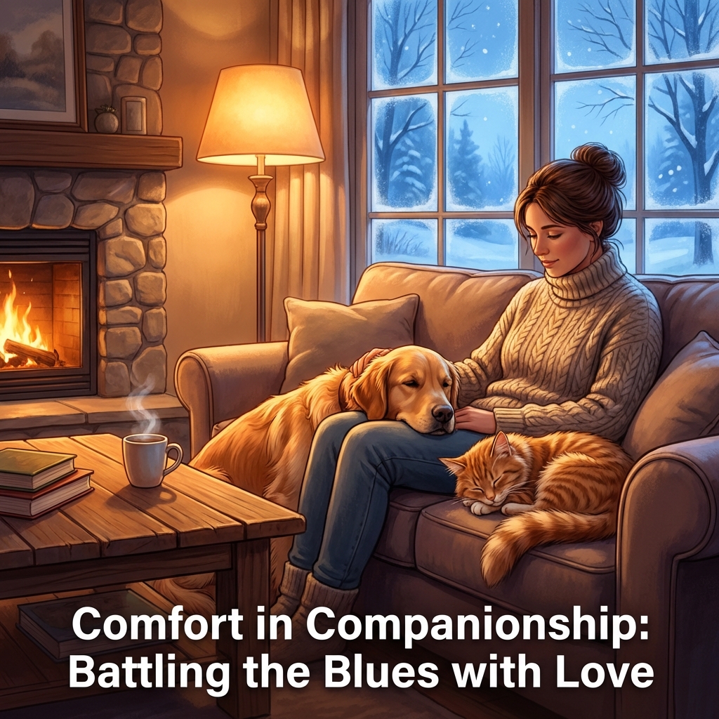 A person being comforted by their dog and cat in a cozy living room during winter